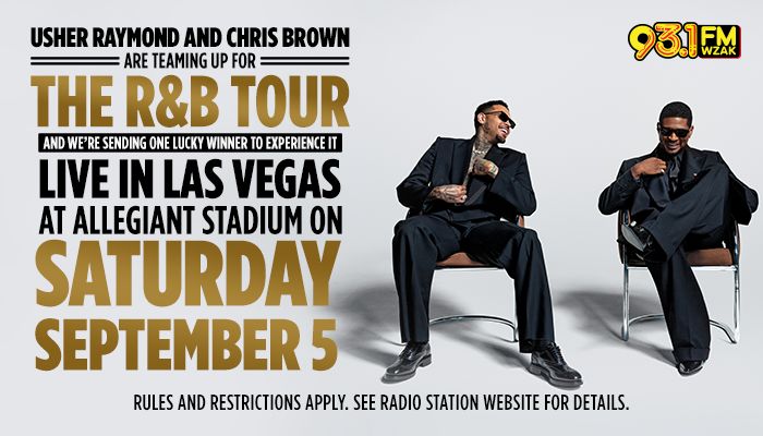 Usher Raymond and Chris Brown seated in chairs, promoting "The R&B Tour" live in Las Vegas at Allegiant Stadium on Saturday, September 5.