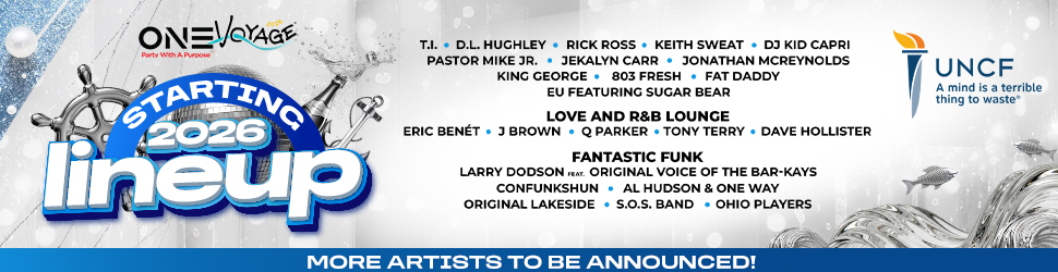 One Voyage music festival poster with lineup of artists including T.I., D.L. Hughley, Rick Ross, Keith Sweat, DJ Kid Capri, Pastor Mike Jr., Jekalyn Carr, Jonathan McReynolds, King George, 303 Fresh, Fat Daddy, EU featuring Sugar Bear, Eric Benet, J Brown, Q Parker, Tony Terry, Dave Hollister, Fantastic Funk, Larry Dodson, Original Voice of the Bar-Kays, Confunkshun, Al Hudson & One Way, Original Lakeside, S.O.S. Band, Ohio Players, and more.
