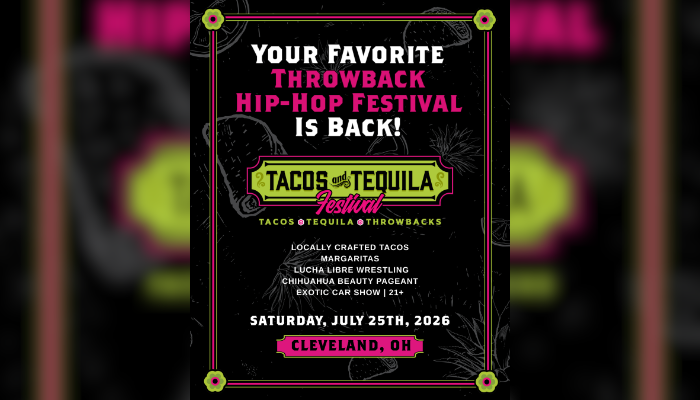 Poster advertising a "Tacos and Tequila Festival" event in Cleveland, OH on July 25th, 2026. The poster features a black and pink design with decorative elements.