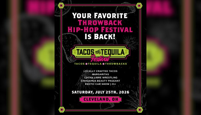 Poster advertising a "Tacos and Tequila Festival" event in Cleveland, OH on July 25th, 2026. The poster features a black and pink design with decorative elements.