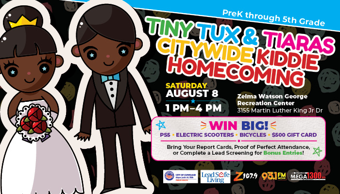 Colorful event poster featuring cartoon characters "Tiny Tux & Tiaras" for a citywide kiddie homecoming event on August 8, 1-4 PM at Zelma Watson George Recreation Center.