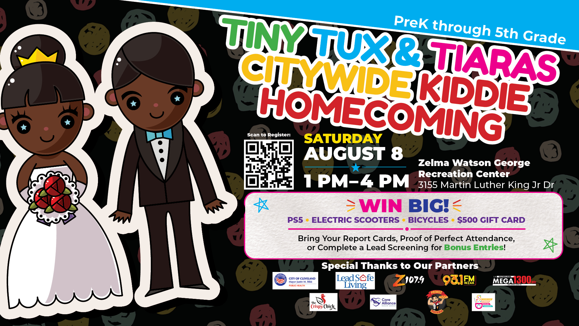 Colorful event poster for "Tiny Tux & Tiaras Citywide Kiddie Homecoming" on August 8, featuring illustrations of a bride and groom, prizes, and event details.