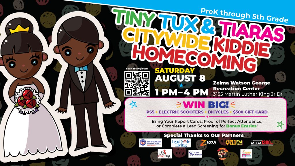 Colorful event poster for "Tiny Tux & Tiaras Citywide Kiddie Homecoming" on August 8, featuring illustrations of a bride and groom, prizes, and event details.