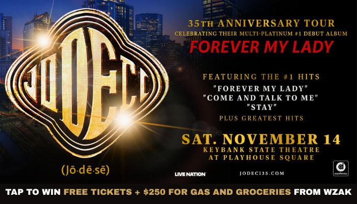 35th anniversary tour poster for the band JODECI, featuring the album "Forever My Lady" and their hit songs "Forever My Lady", "Come and Talk to Me", and "Stay".