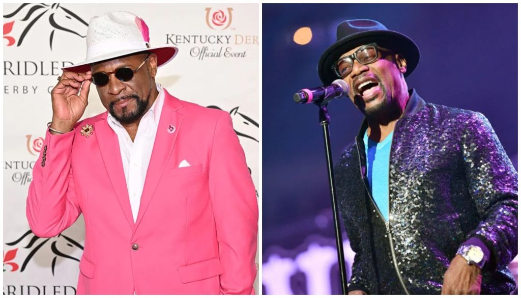 A man in a pink suit and hat posing at a Kentucky Derby event, and a man in a sequined purple jacket singing into a microphone on stage.