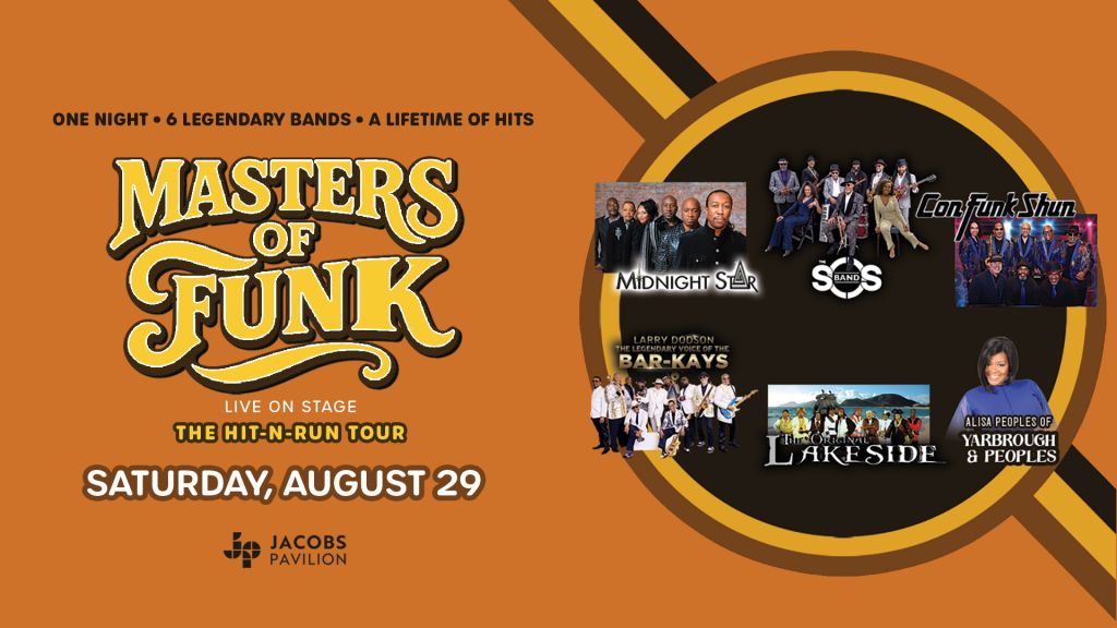 Masters of Funk live concert poster featuring 6 legendary bands and a lifetime of hits, including Midnight Star, S.O.S. Band, Lakeside, and Confunkshun.