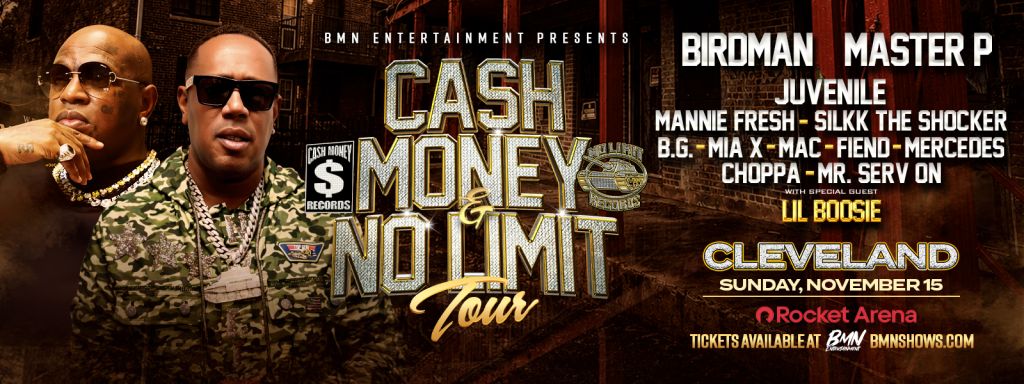 Promotional poster for the "Cash Money No Limit Tour" featuring rappers Birdman, Master P, Juvenile, and others.