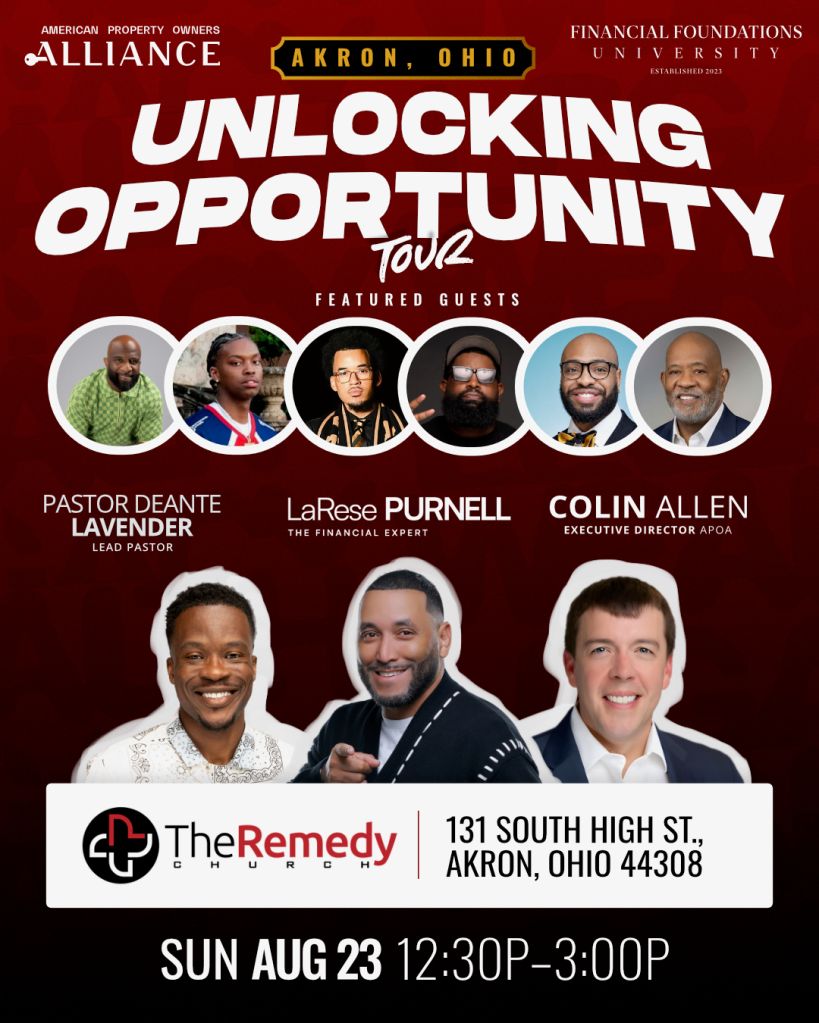 Promotional poster for the "Unlocking Opportunity Tour" event in Akron, Ohio, featuring several speakers and their headshots.