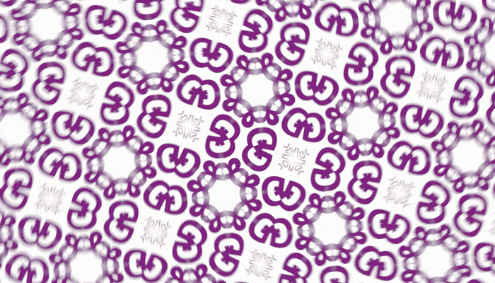 A repeating pattern of purple and white abstract shapes.