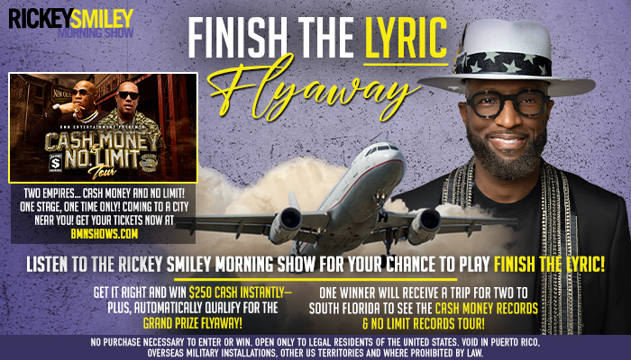 Rickey Smiley promoting "Finish the Lyric Flyaway" contest, with image of Smiley wearing sunglasses and a cowboy hat and holding a model airplane.